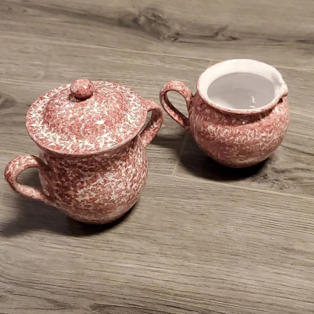RARE Pink & White Vintage Clay Sugar & Creamer Set